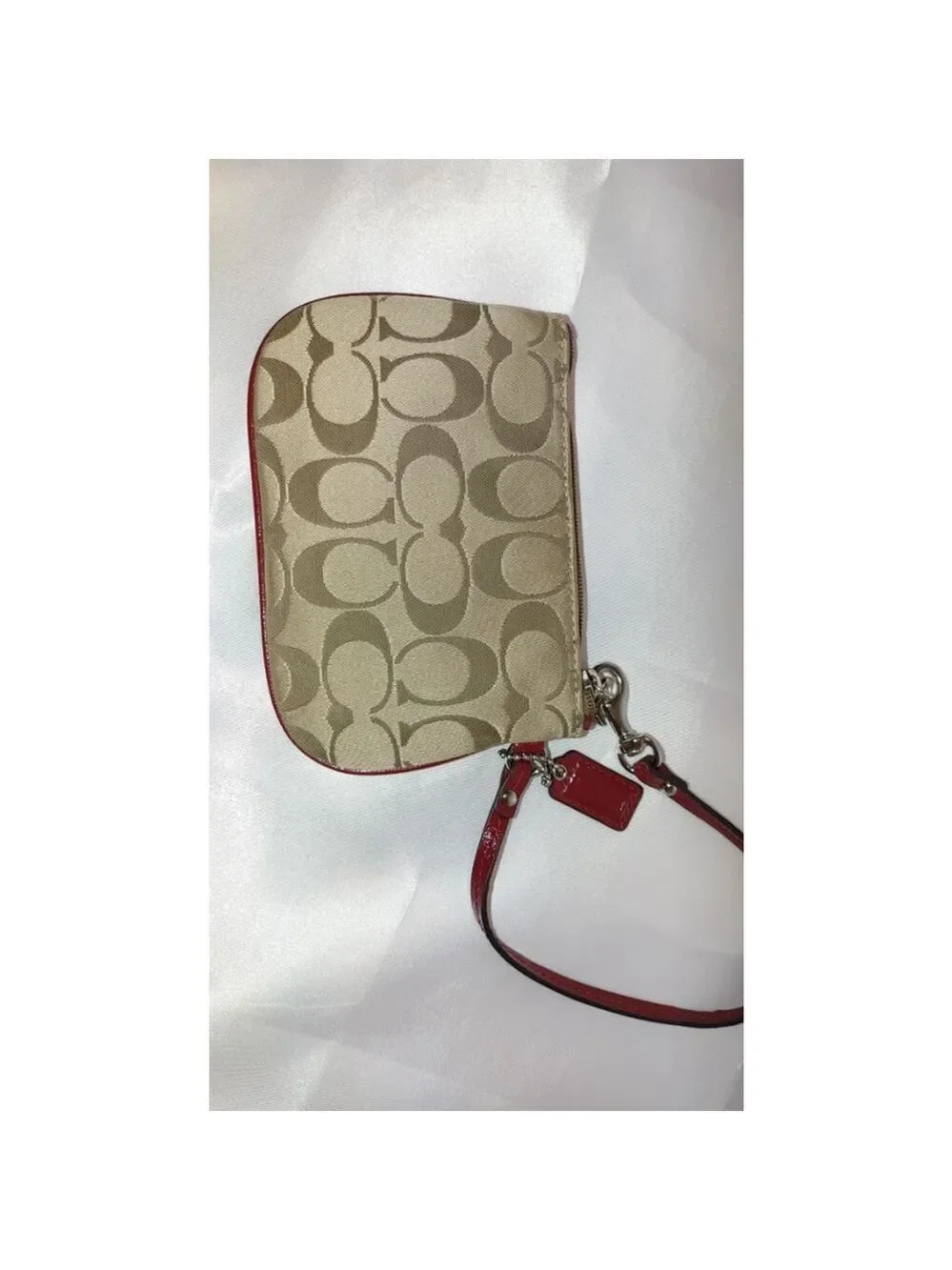 Coach Poppy Jacquard Wristlet Small Beige and Red